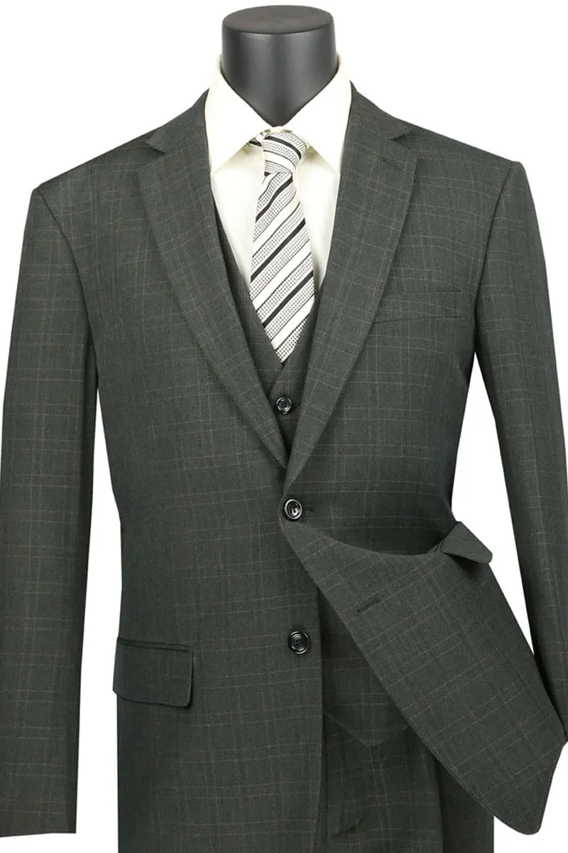 Mens Classic Fit Banker Plaid Vested Suit in Olive sold by Alberto Nardoni