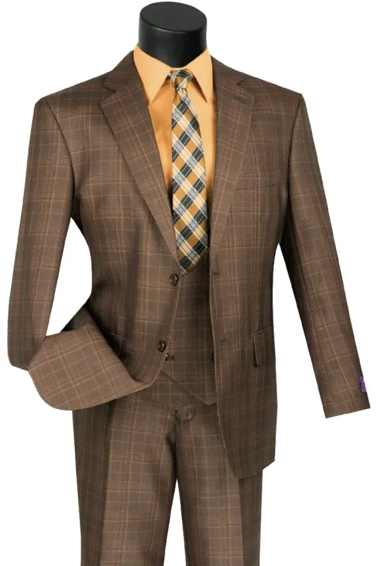 Mens Classic Fit Low Cut Vest Glen Plaid Suit in Chestnut sold by Alberto Nardoni