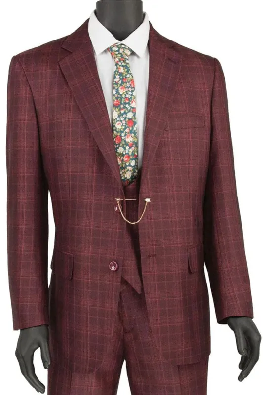 Mens Classic Fit Low Cut Vest Glen Plaid Suit in Burgundy sold by Alberto Nardoni