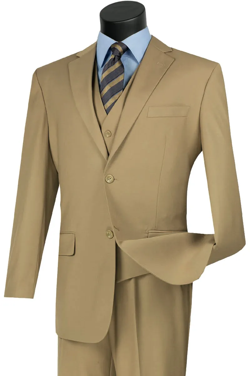 Mens Classic Fit Flat Front Vested Suit in Khaki sold by Alberto Nardoni