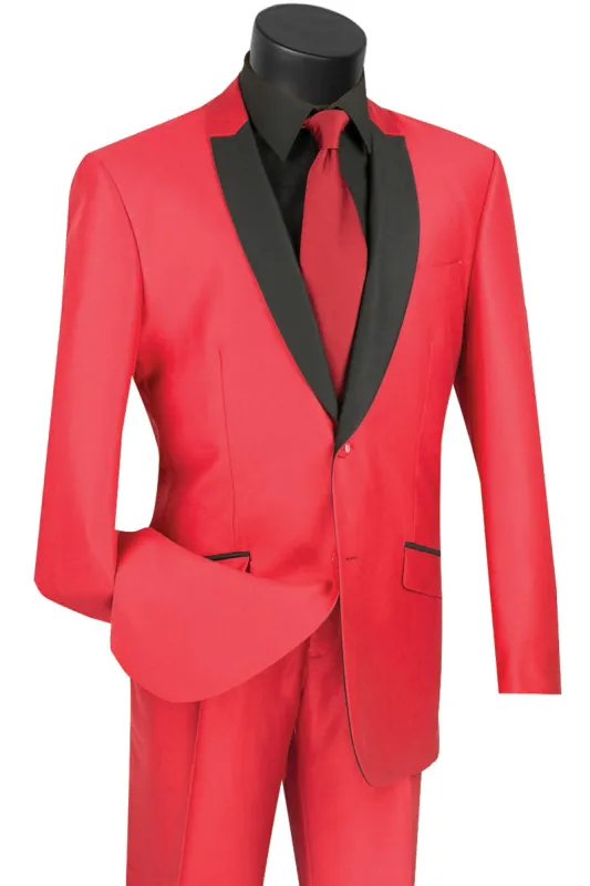 Mens 2 Buttton Slim Contrast Peak Lapel Tuxedo in Red sold by Alberto Nardoni