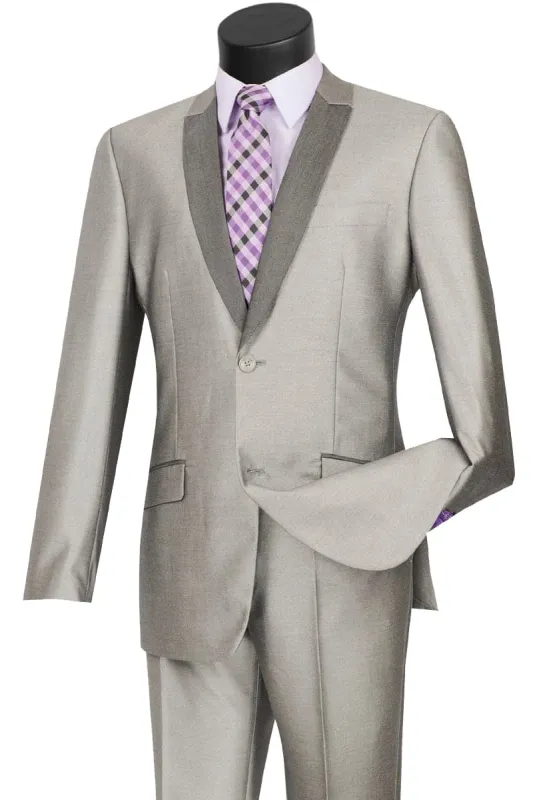 Mens 2 Buttton Slim Contrast Peak Lapel Tuxedo in Grey sold by Alberto Nardoni