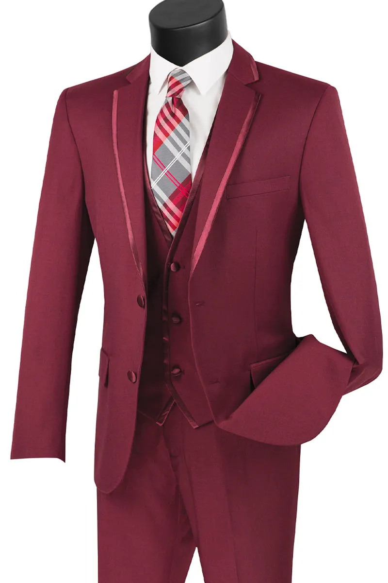 Mens Slim Vested Tuxedo Suit with Satin Trim in Burgundy sold by Alberto Nardoni