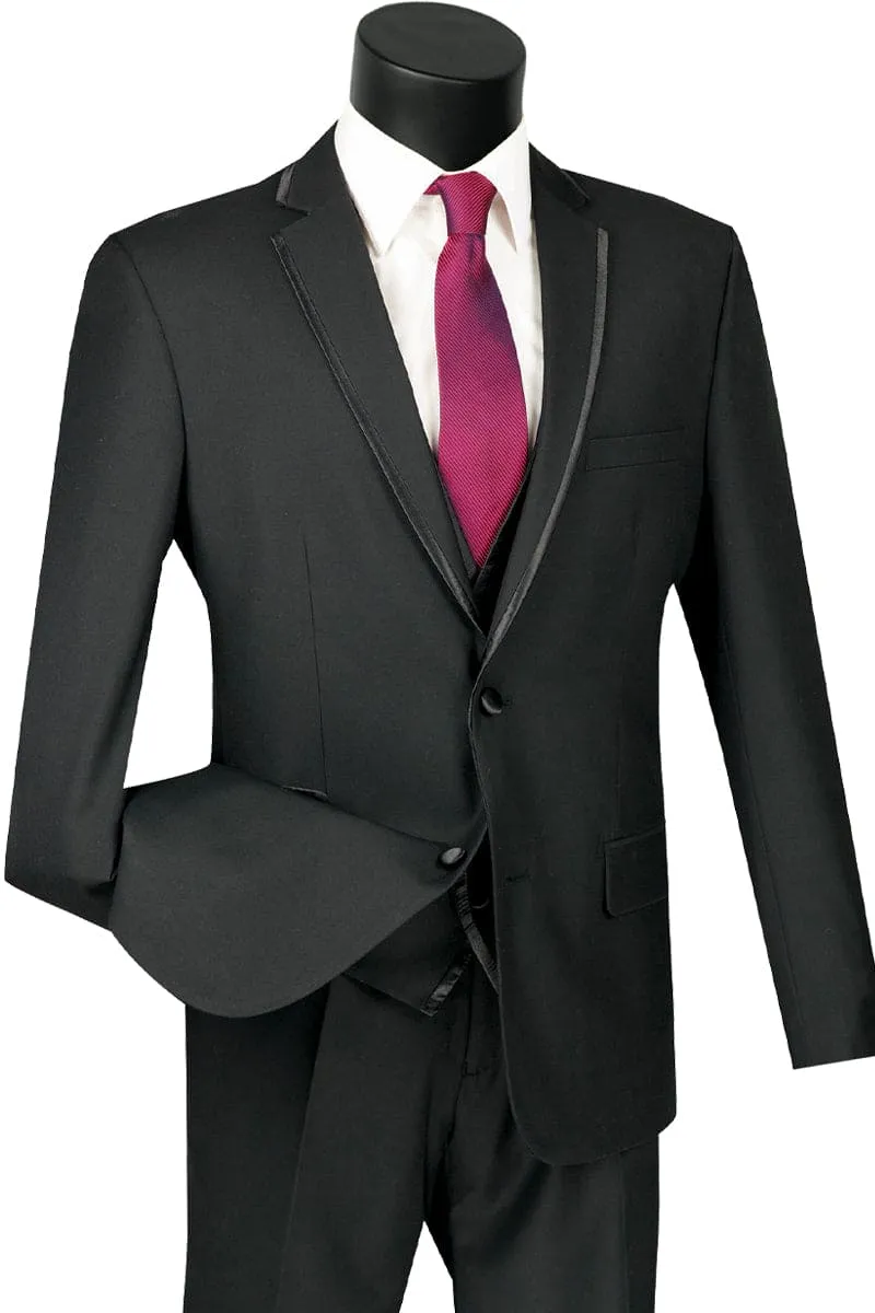 Mens Slim Vested Tuxedo Suit with Satin Trim in Black sold by Alberto Nardoni