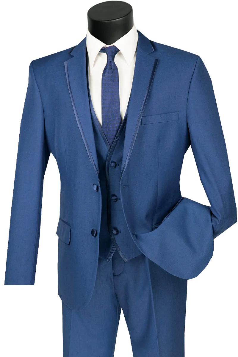 Mens Slim Vested Tuxedo Suit with Satin Trim in Blue sold by Alberto Nardoni