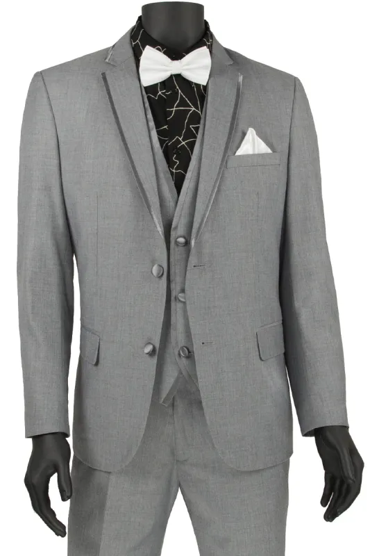 Mens Slim Vested Tuxedo Suit with Satin Trim in Light Grey sold by Alberto Nardoni
