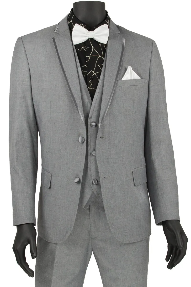 Mens Slim Vested Tuxedo Suit with Satin Trim in Light Grey sold by Alberto Nardoni