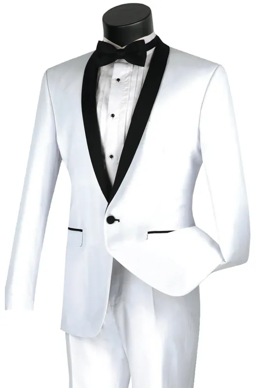 Mens Slim Fit One Button Shawl Tuxedo in White sold by Alberto Nardoni