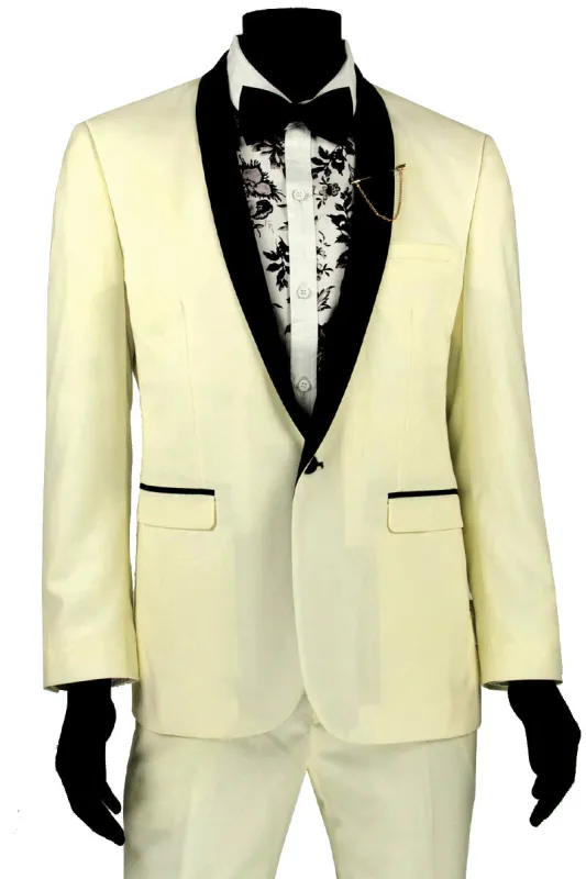 Mens Slim Fit One Button Shawl Tuxedo in Ivory sold by Alberto Nardoni