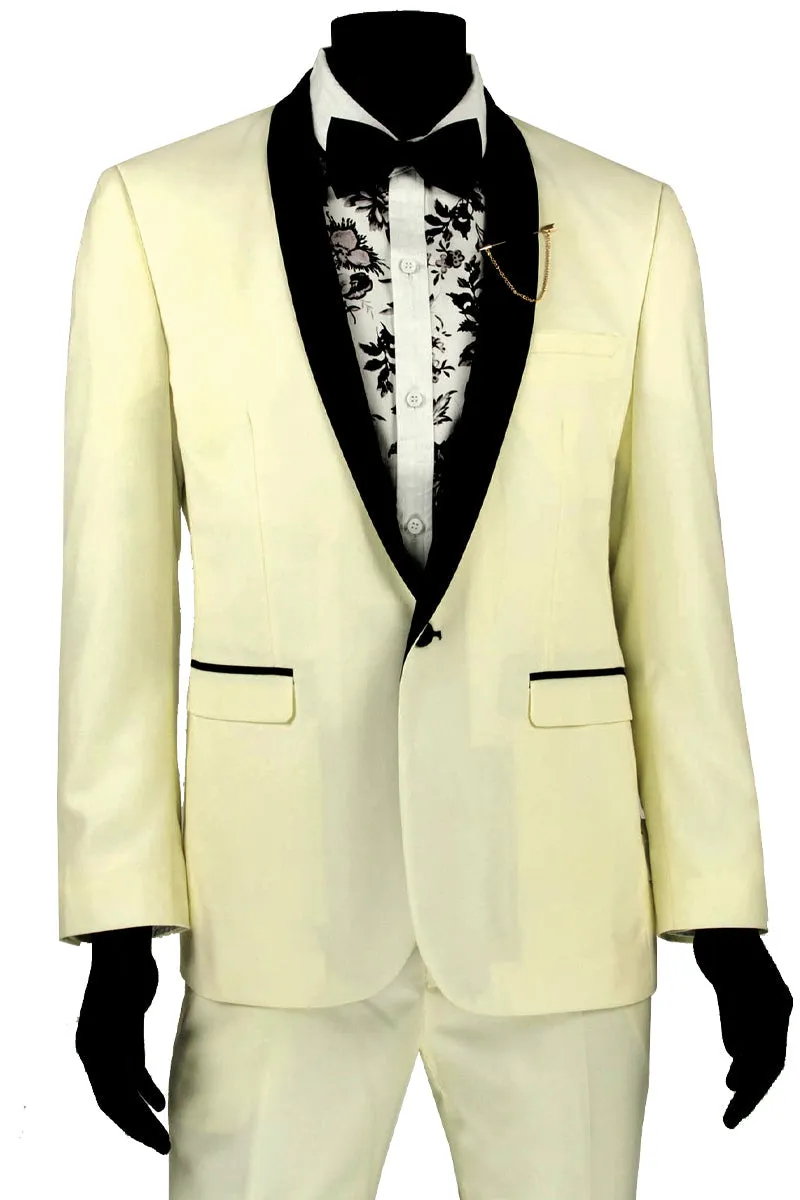 Mens Slim Fit One Button Shawl Tuxedo in Ivory sold by Alberto Nardoni