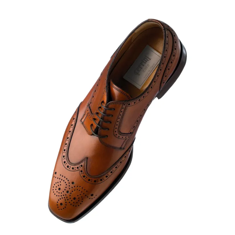 Mens Ferrini French Calfskin Wingtip Dress Shoe in Camel sold by Alberto Nardoni