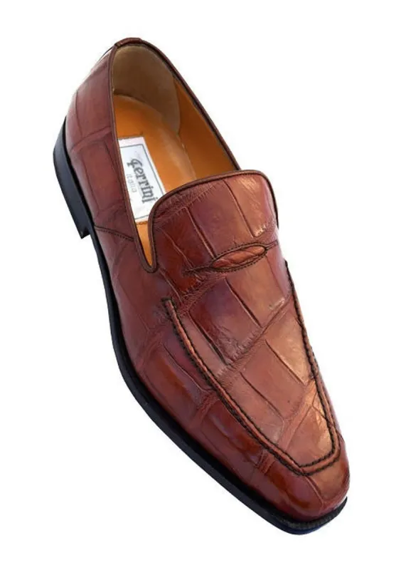 Crocodile Shoes By Ferrini Mens Cognac Brown Gator Loafers sold by Alberto Nardoni