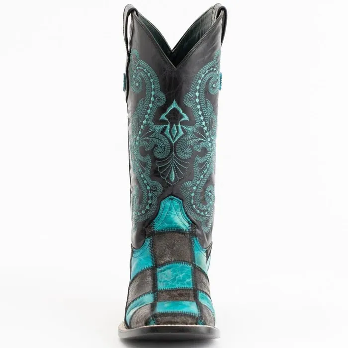 Ferinni Boot - Mens Dress Cowboy Boot - Ferrini Men's Patchwork Square Toe Boots Handcrafted in Black/Teal Color sold by Alberto Nardoni product image thumbnail 4