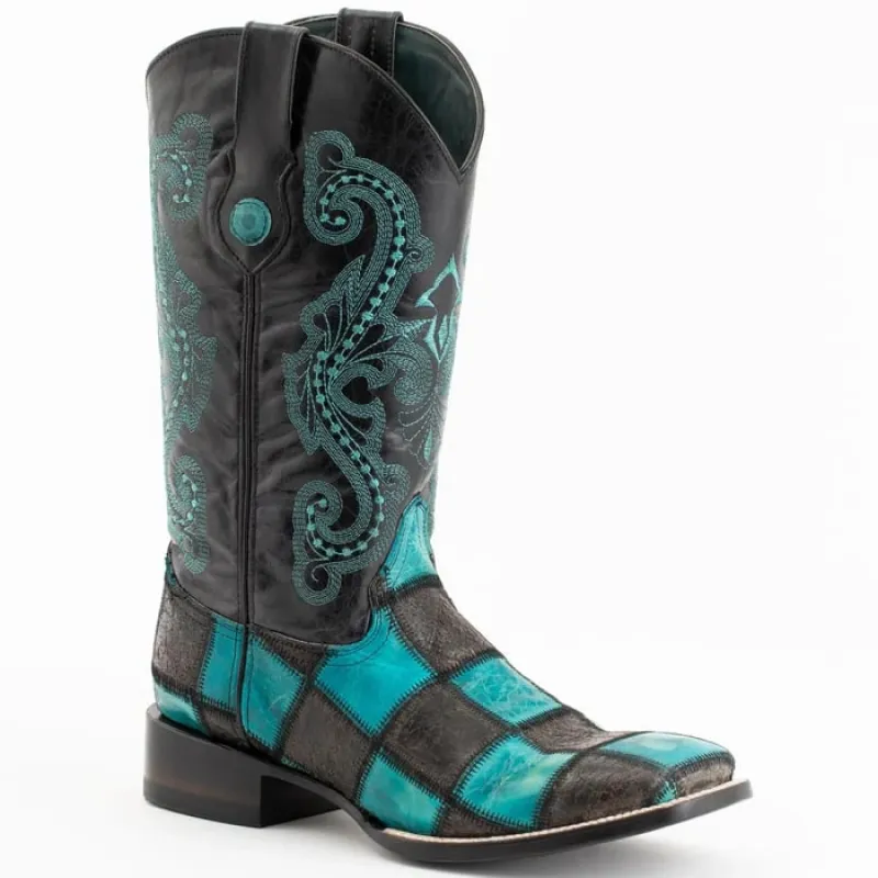 Ferinni Boot - Mens Dress Cowboy Boot  - Ferrini Men's Patchwork Square Toe Boots Handcrafted   in  Black/Teal Color sold by Alberto Nardoni