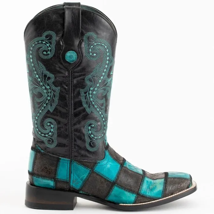 Ferinni Boot - Mens Dress Cowboy Boot - Ferrini Men's Patchwork Square Toe Boots Handcrafted in Black/Teal Color sold by Alberto Nardoni product image thumbnail 2