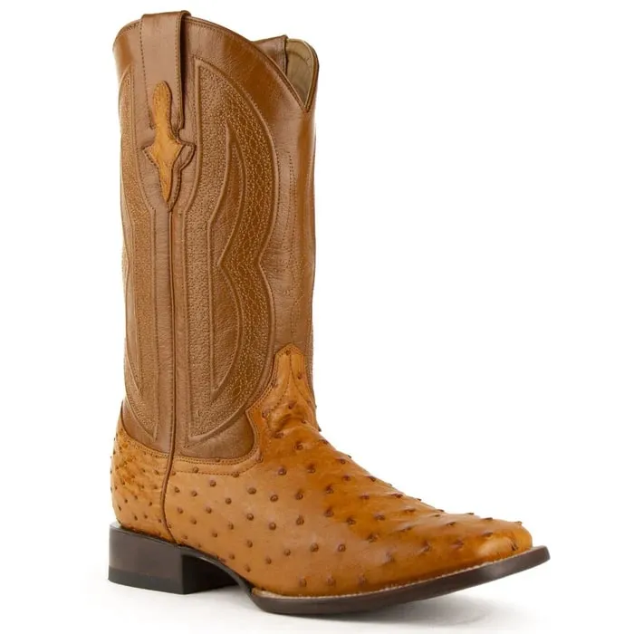 Ferinni Boot - Mens Dress Cowboy Boot - Ferrini Men's Colt Full Quill Ostrich Square Toe Boots Handcrafted - Cognac sold by Alberto Nardoni