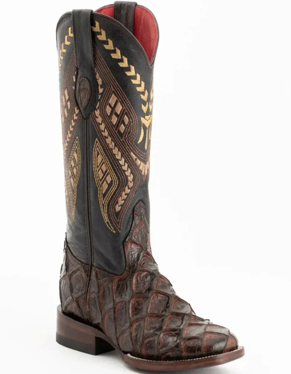 Ferrini Women's Bronco Square Toe Boots Pirarucu Fish Print - Chocolate sold by Alberto Nardoni