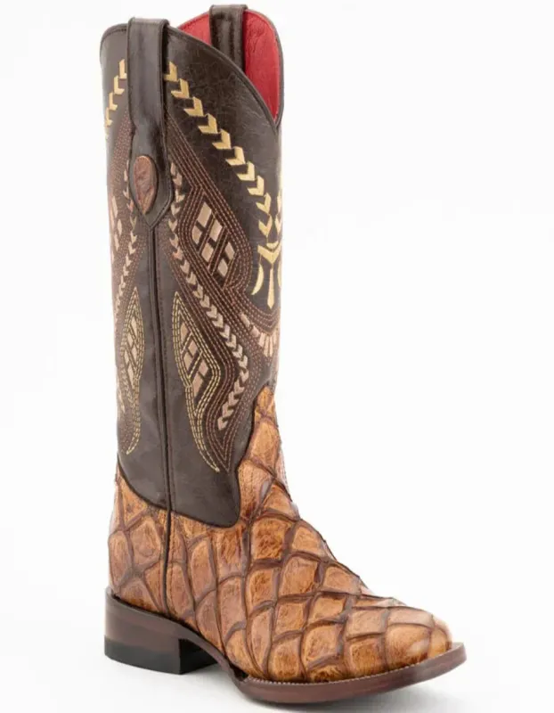 Ferrini Women's Bronco Square Toe Boots Pirarucu Fish Print - Cognac sold by Alberto Nardoni