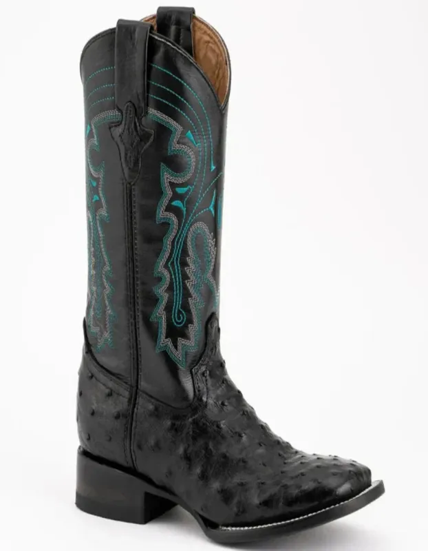 Ferrini Men's Colt Full Quill Ostrich Square Toe Boots Handcrafted - Black made by Alberto Nardoni
