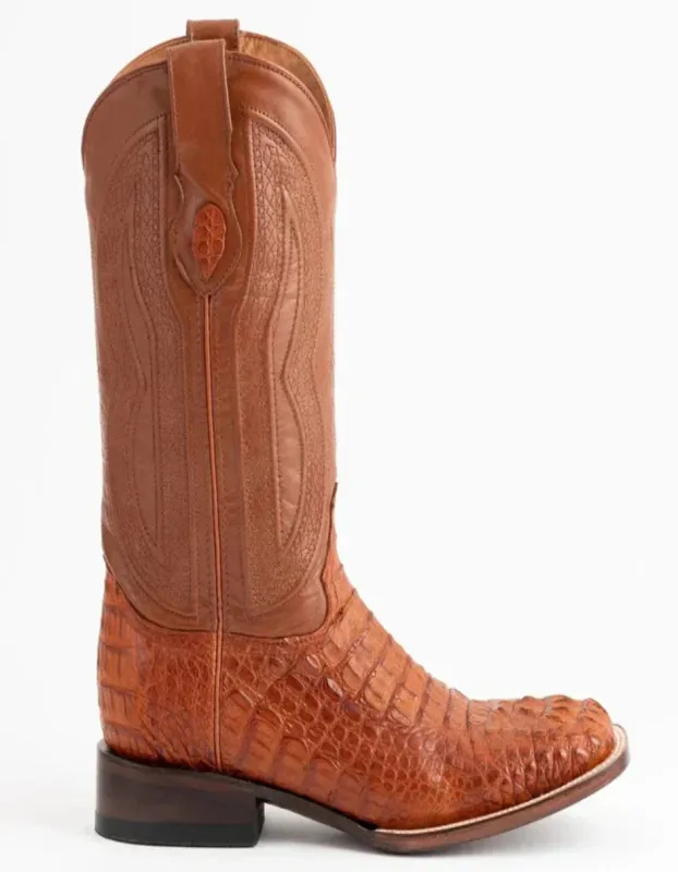 Ferrini Men's Dakota Hornback Caiman Boots - Square Toe Handcrafted Cognac sold by Alberto Nardoni