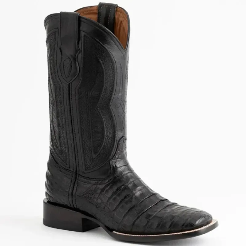 Ferrini Men's Dakota Belly Caiman Western Boots - Square Toe Handcrafted Black sold by Alberto Nardoni