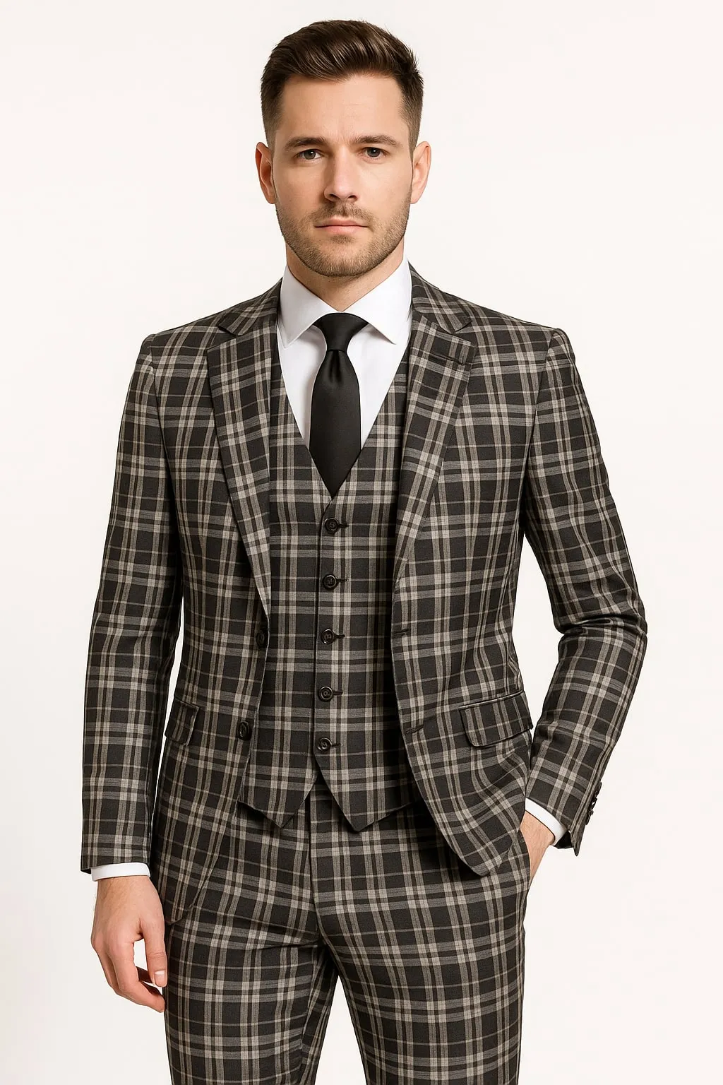 Men's Black and White Plaid Three-Piece Suit – Modern Slim Fit Tuxedo for Church and Business sold by Alberto Nardoni product image thumbnail 4