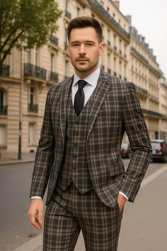Men's Black and White Plaid Three-Piece Suit â€“ Modern Slim Fit Tuxedo for Church and Business made by Alberto Nardoni