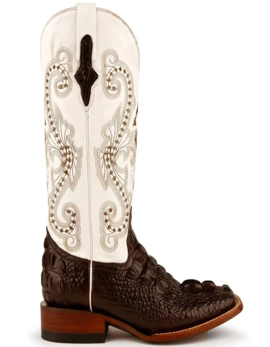 Ferrini Women's Rancher Square Toe Boots Crocodile Print - Chocolate and White sold by Alberto Nardoni