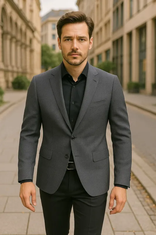 Men's Charcoal Grey Checkered Sport Coat – Classic Plaid Windowpane Pattern Blazer made by Alberto Nardoni