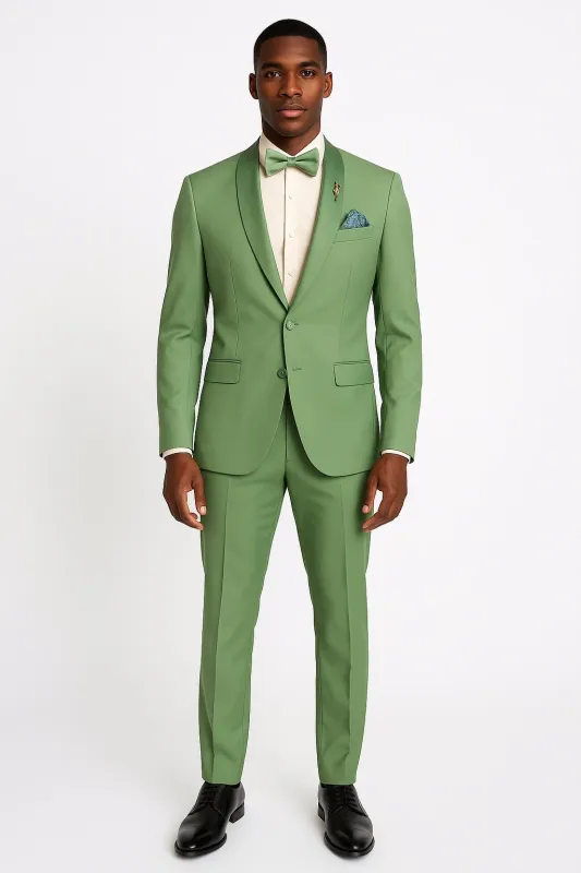 Light Green Tuxedo Suit for Men – Satin Lapel Wedding and Prom Suit in Color Sage Green Tuxedo sold by Alberto Nardoni