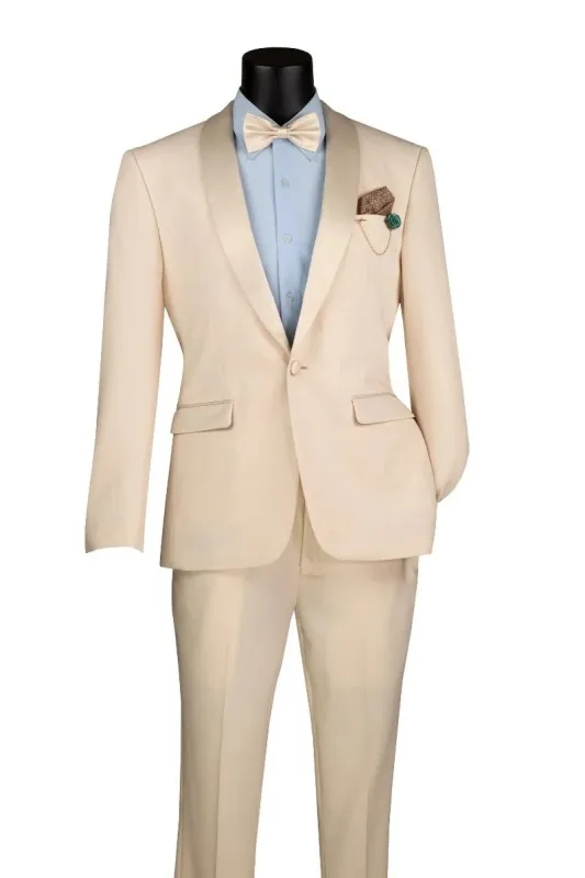 Cream Tuxedo Suit for Men – One Button Satin Lapel Formal Suit - Champagne Color Light Tan Tuxedo sold by Alberto Nardoni