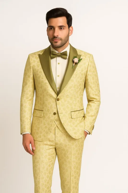 Champagne Gold Floral Tuxedo Suit for Men – Two-Piece Wedding Tux with Bow Tie and Satin Lapel sold by Alberto Nardoni