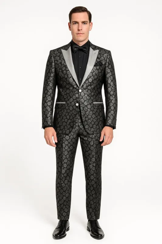 Black and Silver Floral Tuxedo Suit for Men – Luxury Two-Piece Formal Suit with Satin Lapel and Bow Tie sold by Alberto Nardoni