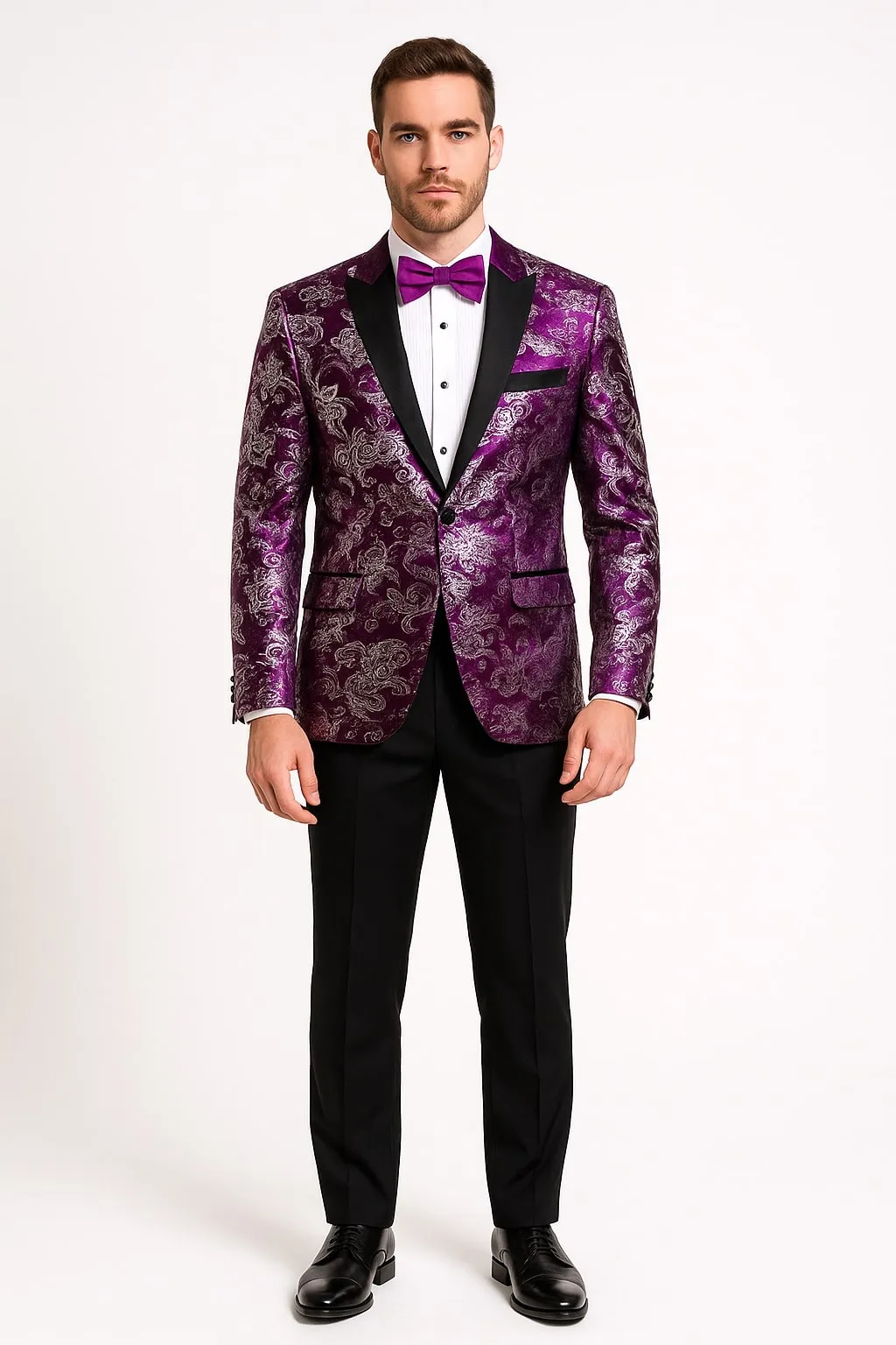 Men's Purple and White Twotoned Paisley Tuxedo Jacket with Black Satin Lapel – Formal Prom and Wedding Blazer sold by Alberto Nardoni product image thumbnail 2