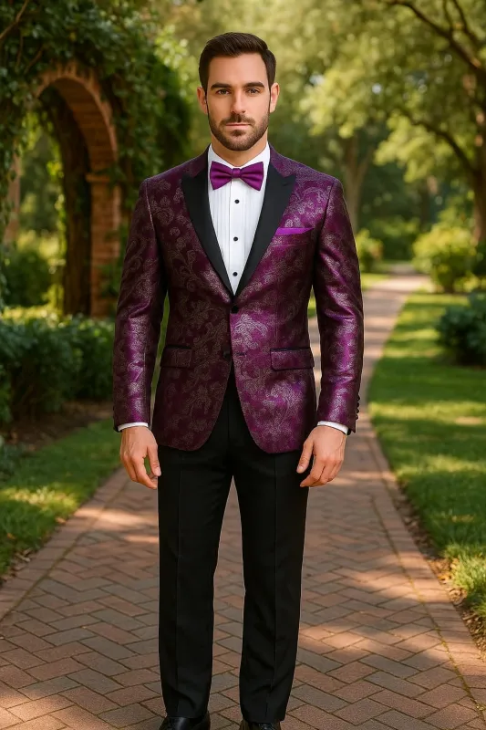 Men's Purple and White Twotoned  Paisley Tuxedo Jacket with Black Satin Lapel â€“ Formal Prom and Wedding Blazer sold by Alberto Nardoni