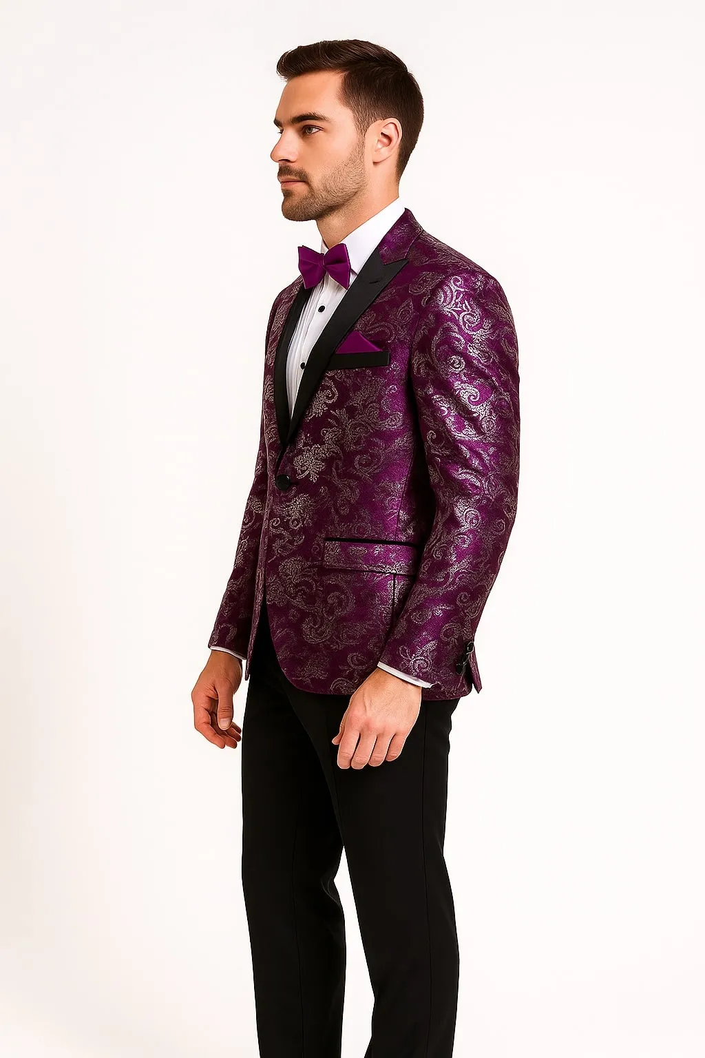 Men's Purple and White Twotoned Paisley Tuxedo Jacket with Black Satin Lapel – Formal Prom and Wedding Blazer sold by Alberto Nardoni product image thumbnail 3
