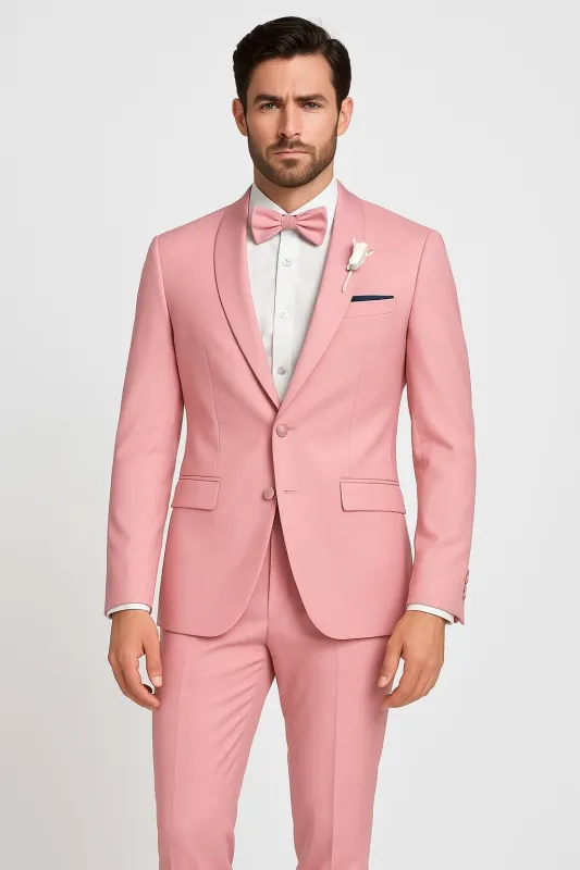 Dusty Rose Pink Tuxedo for Men â€“ One Button Satin Lapel Wedding Prom Suit with Bow Tie sold by Alberto Nardoni