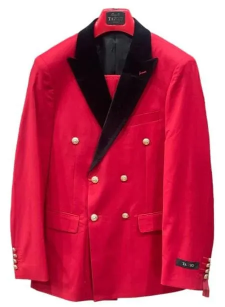 Men's Red Double-Breasted Wedding Tuxedo with Black Velvet Lapel and Gold Buttons - Christmas New Year Suit sold by Alberto Nardoni product image thumbnail 5