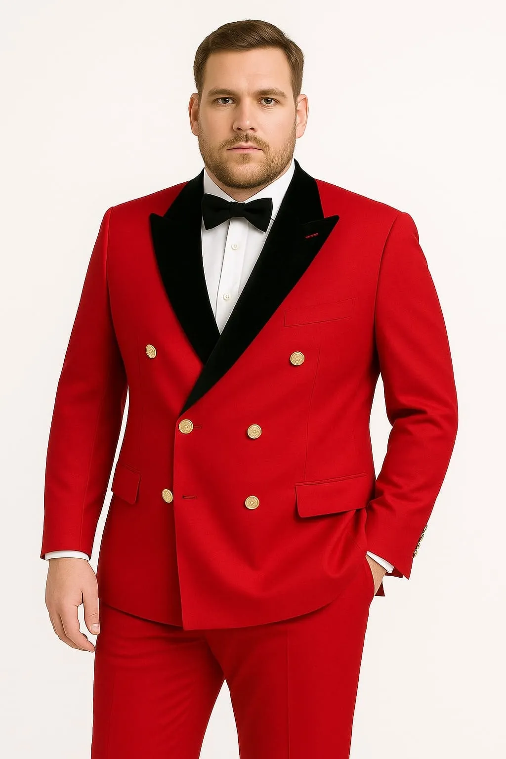 Men's Red Double-Breasted Wedding Tuxedo with Black Velvet Lapel and Gold Buttons - Christmas New Year Suit sold by Alberto Nardoni product image thumbnail 3