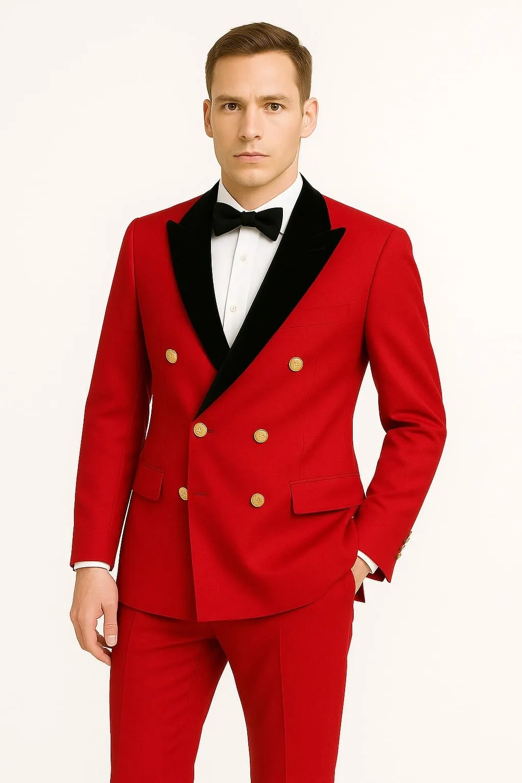 Men's Red Double-Breasted Wedding Tuxedo with Black Velvet Lapel and Gold Buttons - Christmas New Year Suit sold by Alberto Nardoni product image thumbnail 2