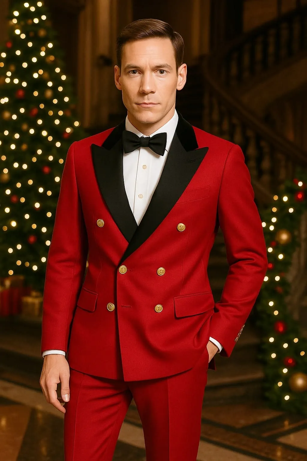 Men's Red Double-Breasted Wedding Tuxedo with Black Velvet Lapel and Gold Buttons - Christmas New Year Suit sold by Alberto Nardoni