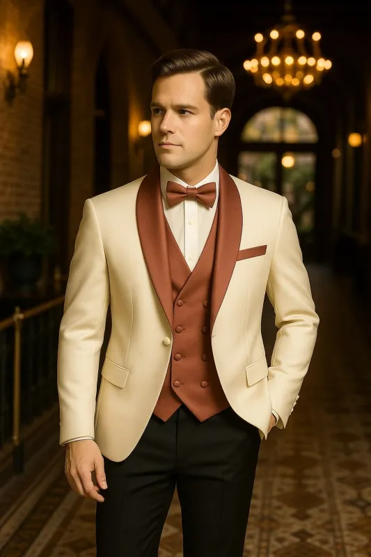 Men's White and Rose Gold Tuxedo with Mauve Satin Vest and Bow Tie – Elegant Formalwear for Weddings and Events sold by Alberto Nardoni