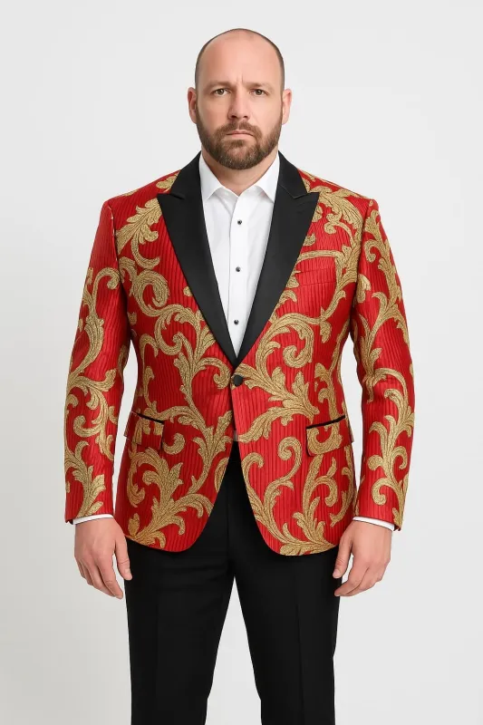 Mens Red and Gold Embroidered Tuxedo Blazer – Baroque Style One Button Dinner Jacket with Black Satin Lapel made by Alberto Nardoni