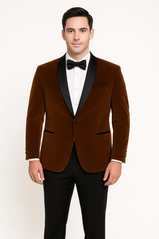 Mens Brown Velvet Tuxedo with Black Satin Shawl Lapel – One Button Formal Suit Jacket sold by Alberto Nardoni