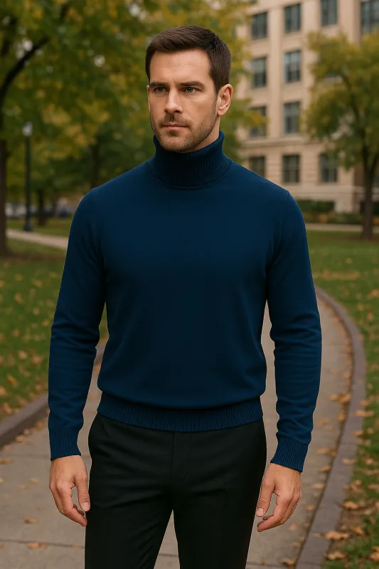 Men's Navy Blue Classic Turtleneck Sweater – Lightweight Knit Pullover sold by Alberto Nardoni
