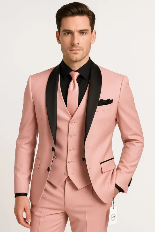 Men's Light Pink 3-Piece Tuxedo Suit with Black Satin Shawl Lapel – Formal Wear - Ultra Slim Fitted in Blush color sold by Alberto Nardoni