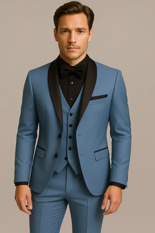 Men's Light Blue Tuxedo 3-Piece Suit with Black Shawl Lapel – Formal Wedding & Prom Attire in Steel Blue sold by Alberto Nardoni