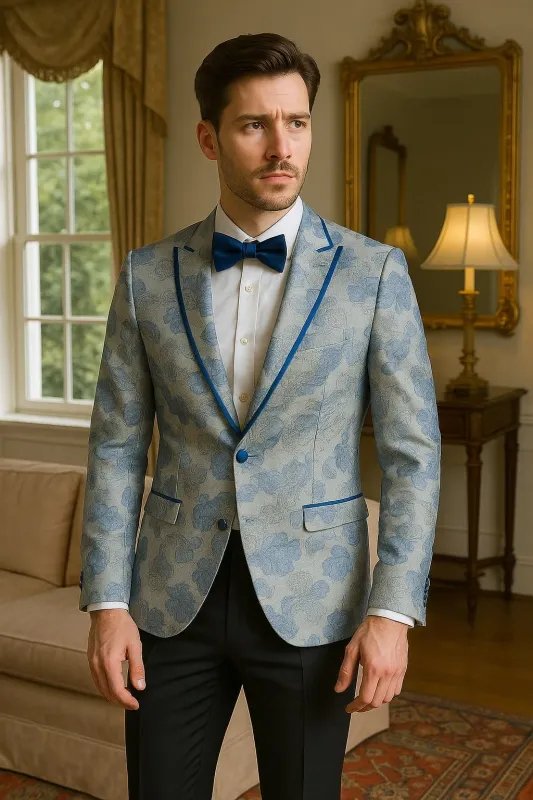 Men's Blue and Gray Tuxedo - Sky Blue Paisley Embroidered Dinner Jacket  Jacket with Satin Trim and Matching Bow Tie sold by Alberto Nardoni