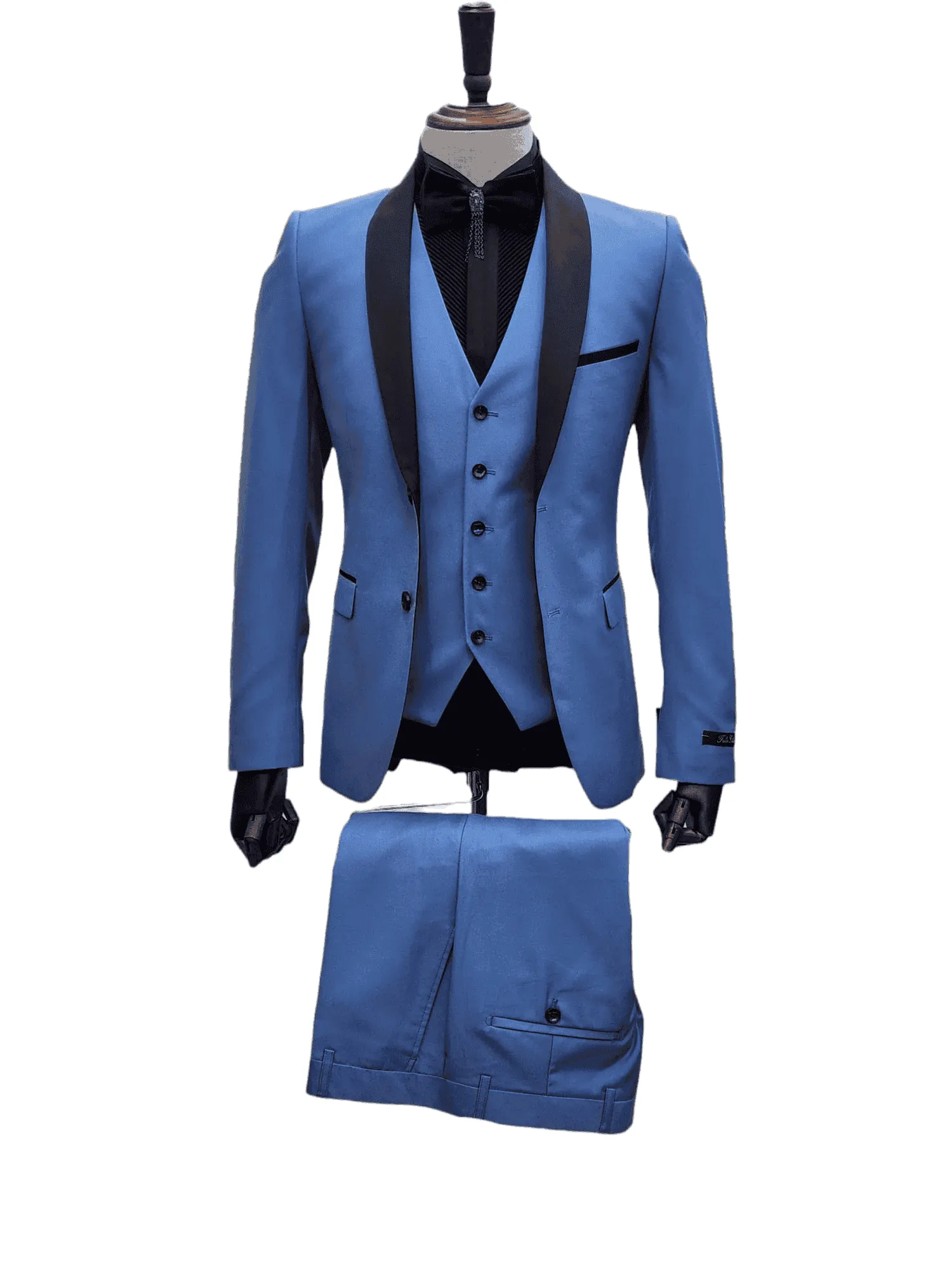 Steel Blue Tuxedo Suit with Black Shawl Lapel – 3 Piece Slim Fit Wedding & Formal Attire in Light Blue Color sold by Alberto Nardoni product image thumbnail 2