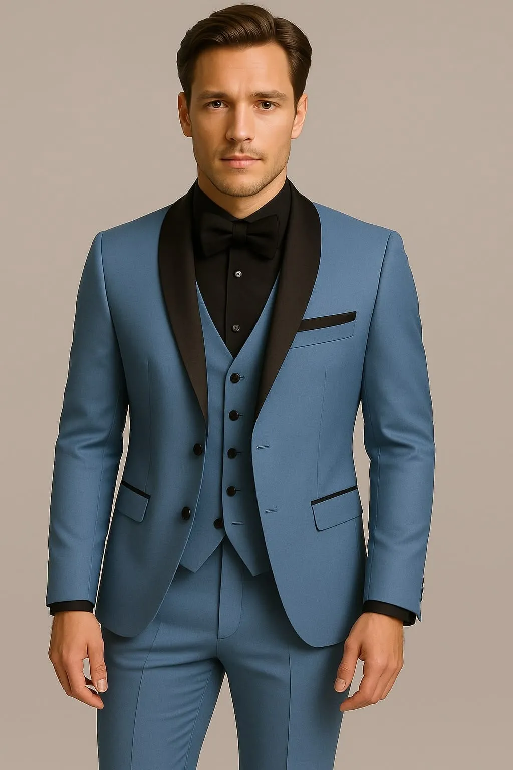 Steel Blue Tuxedo Suit with Black Shawl Lapel – 3 Piece Slim Fit Wedding & Formal Attire in Light Blue Color sold by Alberto Nardoni